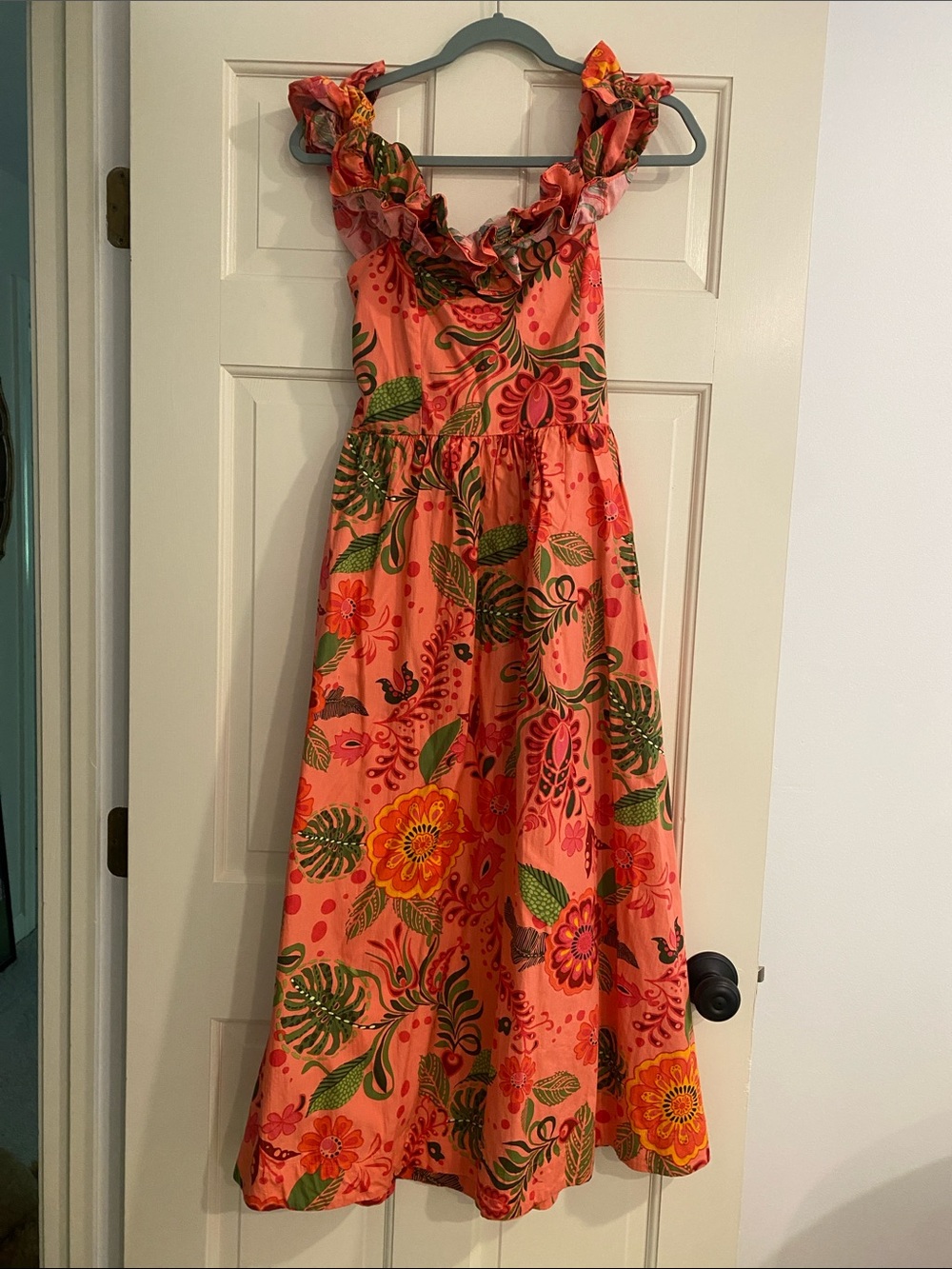 Fate Coral Floral Maxi Dress with Green Leaf Print